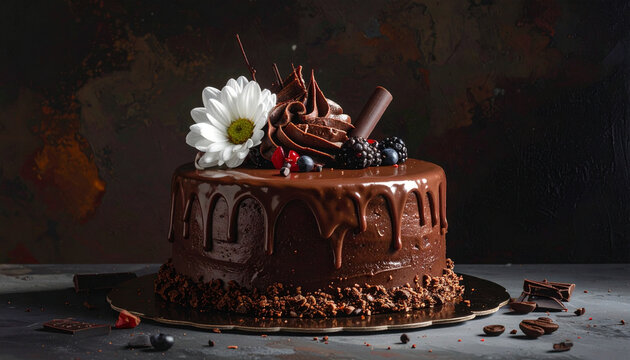 Chocolate cake with white flower decoration
