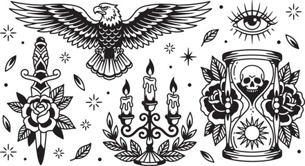 Fototapeta premium Old school tattoo flash set with eagle, dagger, rose, candelabra and hourglass