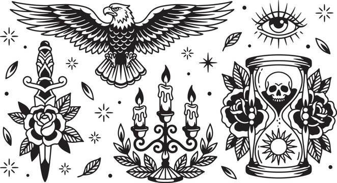 Old school tattoo flash set with eagle, dagger, rose, candelabra and hourglass