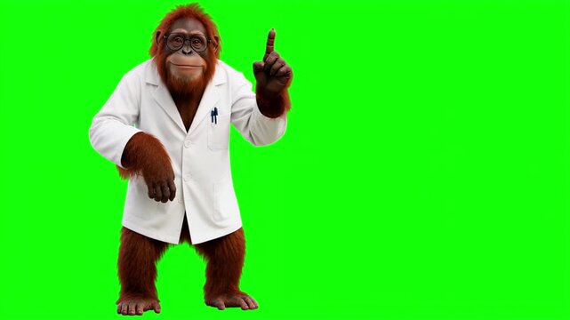 Realistic 3D orangutan scientist in lab coat raising index finger up and explaining, important research fact and scientific discovery concept isolated on chroma key green screen background