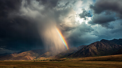 Fototapeta premium Rainbow forming through scattered clouds after rain, cinematic landscape