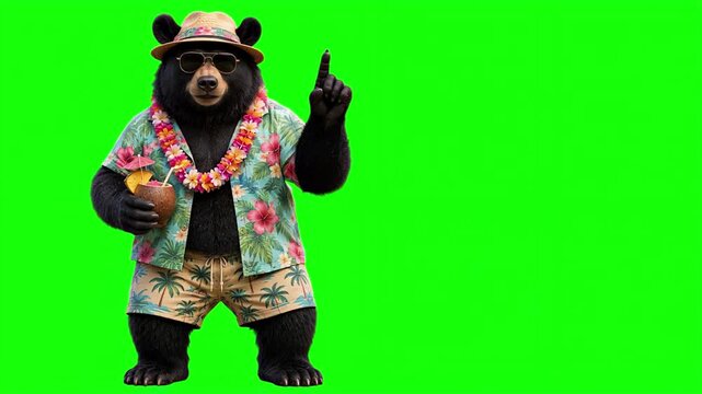 Realistic 3D black bear wearing summer vacation outfit raising index finger up and explaining, important travel advice and top tourism tip concept isolated on chroma key green screen background