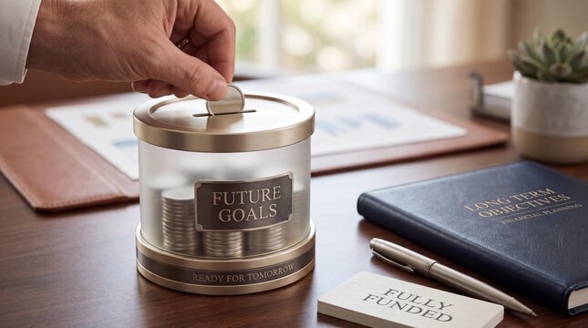 Hand putting coin into future goals piggy bank on desk with financial planning books