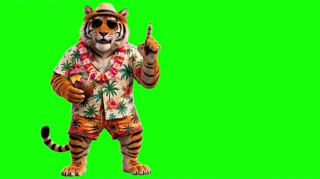 Realistic 3D tiger wearing summer vacation outfit raising index finger up and explaining, important travel advice and top tourism tip concept isolated on chroma key green screen background