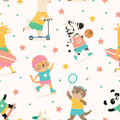 Obraz premium Cute Animal Sports Seamless Pattern, Vector Illustration. Cartoon Animal Pattern with Playful Animal Characters Playing Sports for Kids Fabric, Nursery Textiles, Wrapping Paper, Surface Design