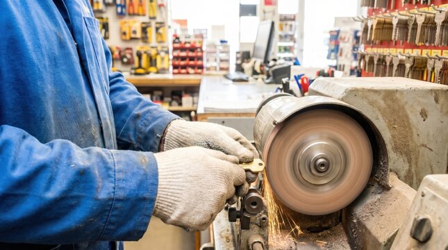 Locksmith duplicating a brass key on a grinding machine