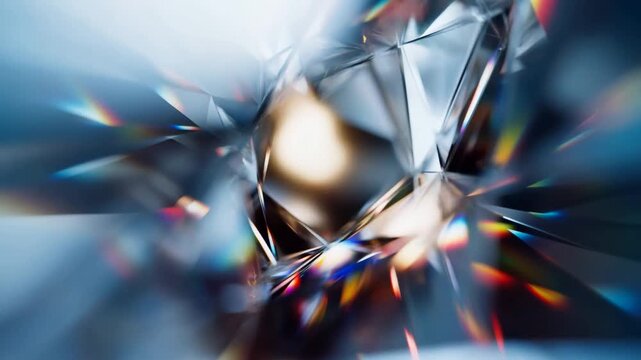 Slow dolly in close up of crystal prism refracting light with rotating facets around metallic core on studio tabletop