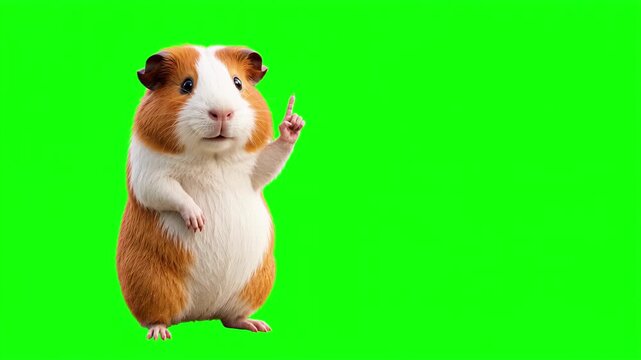 Realistic 3D guinea pig raising index finger up while talking and explaining, important advice and top tip educational business concept isolated on chroma key green screen background