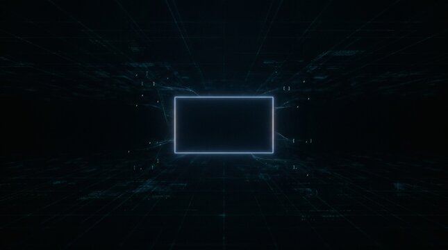 Abstract digital grid with glowing blue rectangle and data streams
