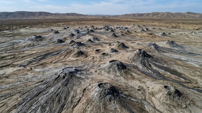 Expansive landscape of bubbling mud volcanoes under a clear sky