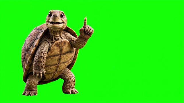 Realistic 3D turtle raising index finger up while talking and explaining, important advice and top tip educational business concept isolated on chroma key green screen background