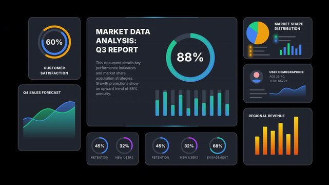 Motion graphics of a market data analysis dashboard with glowing financial charts and graphs on a deep black background