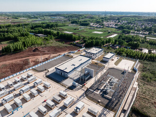 Fototapeta premium Aerial view of substation energy storage equipment panoramic scene