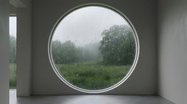 Foggy forest and green meadow view through a round circular window on a misty day.