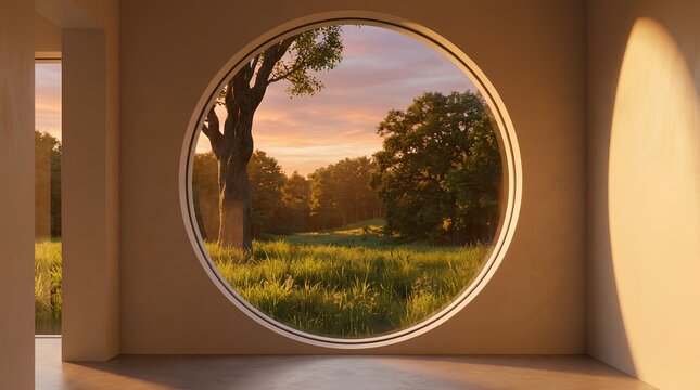 Scenic view of green field and trees through a round circle window during sunset.