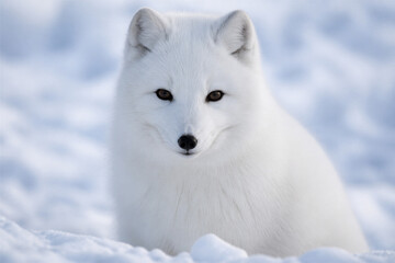 Fototapeta premium Arctic fox sitting alert on snow covered landscape