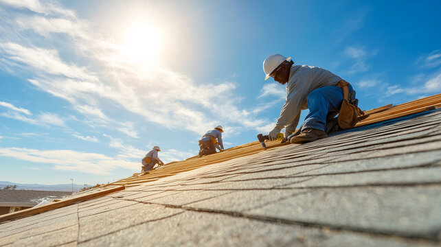 Construction workers repairing roof on a bright sunny day, group of professional roofers installing shingles on house top under blue sky, residential building renovation photography