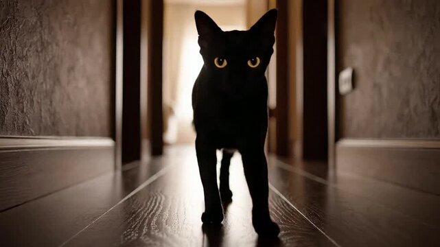A Black Cat Walking Through a Dimly Lit Hallway With Soft Light and Striking Golden Eyes