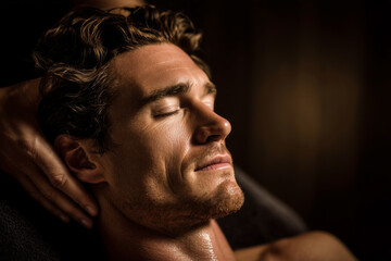 Fototapeta premium Handsome young man relaxing with closed eyes during a professional head and neck massage in spa salon. Male facial skin care and wellness therapy close up