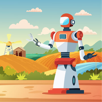 Robot agricole autonome dans un paysage rural futuriste