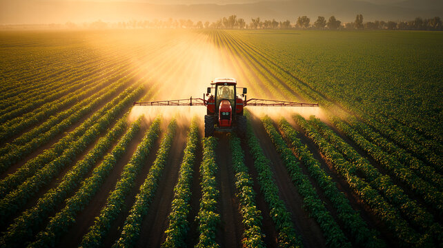 Tractor spraying pesticides on green agricultural field at sunset, aerial view of farming machine watering crops in lines, beautiful golden hour sunlight over cultivated plantation