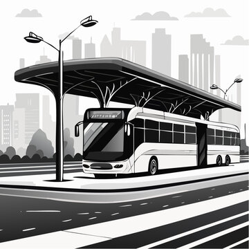 Gare routi&egrave;re avec autocar stationn&eacute; en illustration monochrome urbaine
