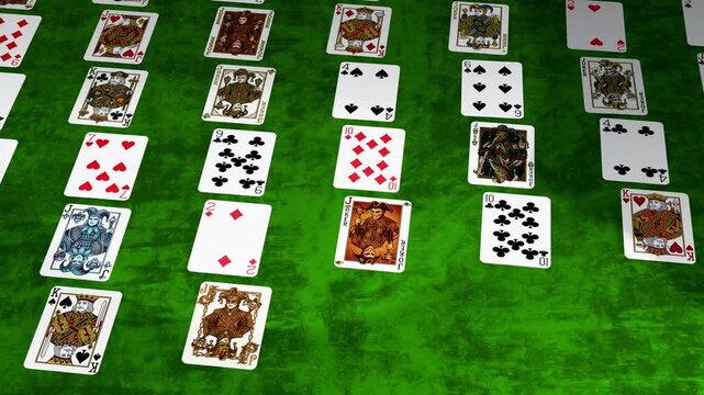 A 3D animation in which stacked playing cards pop out one by one from the casino deck, line up all at once, and then begin to spin as if by magic. There are an unnaturally large number of Jokers.