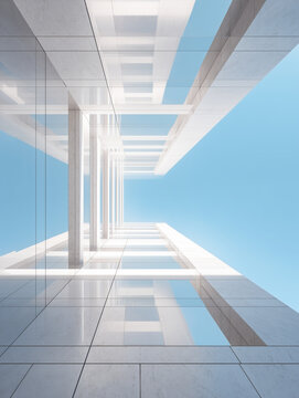 Low angle view of modern white skyscraper facade with geometric glass reflection, futuristic corporate office building architecture design against clear blue sky background