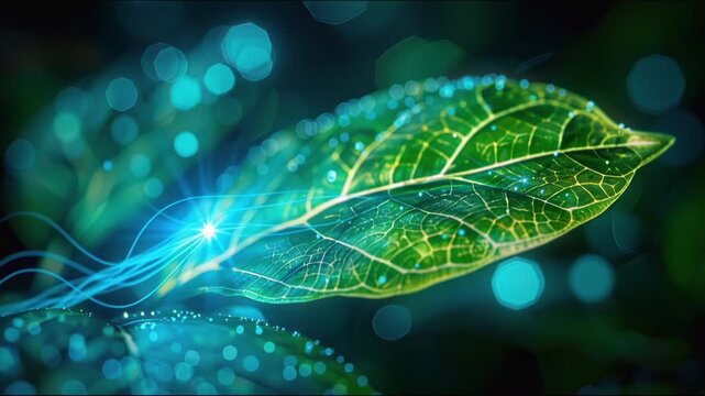 Ethereal streams of glowing light and energy flowing around a green leaf with soft focus and bokeh background.