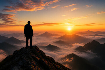 Obraz premium Hiker silhouette standing overlooking sunrise on mountain summit