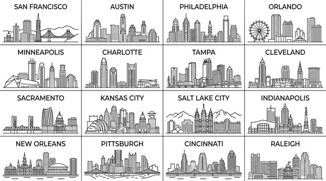 USA city skyline collection vector set with famous American cityscapes and urban landmark silhouettes