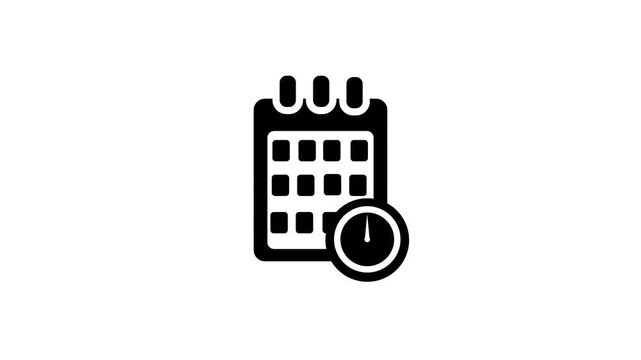 Black calendar icon animation with fast spinning clock hands and black may text isolated on white background