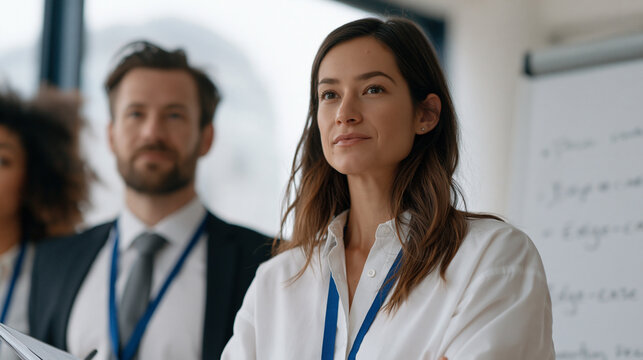 Multicultural group of corporate compliance officers collaborates on mandatory compliance training scenario roleplay in glass conference room overlooking foggy urban financial