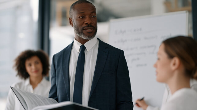 Multicultural group of corporate compliance officers collaborates on mandatory compliance training scenario roleplay in glass conference room overlooking foggy urban financial