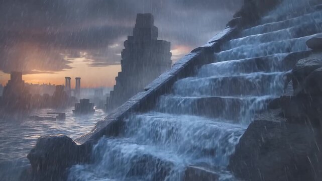 Slow motion tracking shot of cascading waterfall steps along coastal ruins during stormy sunset with rain and ocean horizon