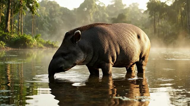 A Majestic Tapir Standing In Shallow Water With Gentle Ripples And Lush Greenery In A Serene Tropical Habitat