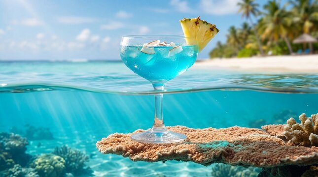 Split level over under photo of blue tropical lagoon cocktail glass on clean coral reef underwater with dynamic waves and beach background
