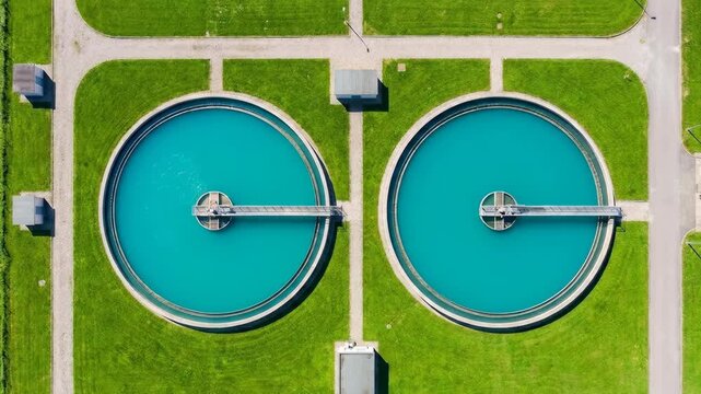 top down aerial view of two circular clarifier tanks at wastewater treatment plant, industrial water purification, recycling infrastructure and environmental engineering concept