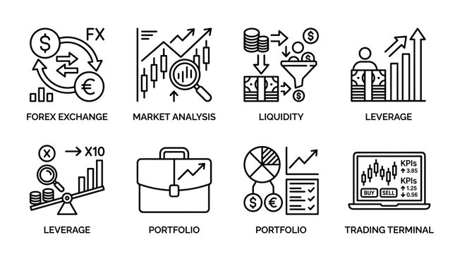 Forex trading and financial market icons set with portfolio leverage liquidity and trading terminal concepts