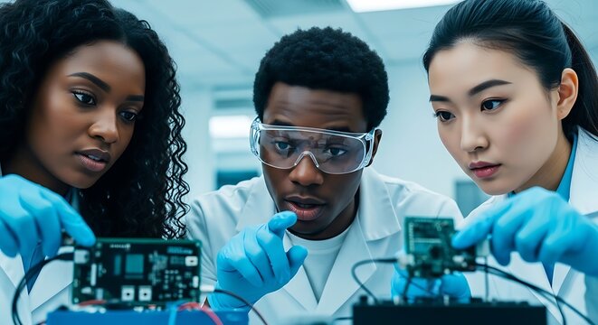 Diverse students in lab coats working together on electronics projects