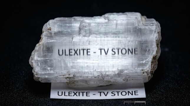 Ulexite mineral specimen labeled as TV stone with textured background