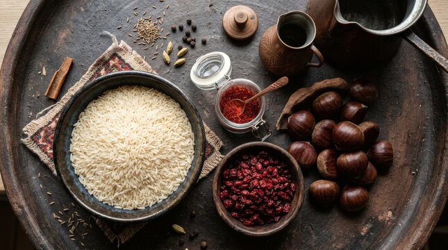 Overhead view of rice, dried cranberries, saffron, and chestnuts on a rustic tray