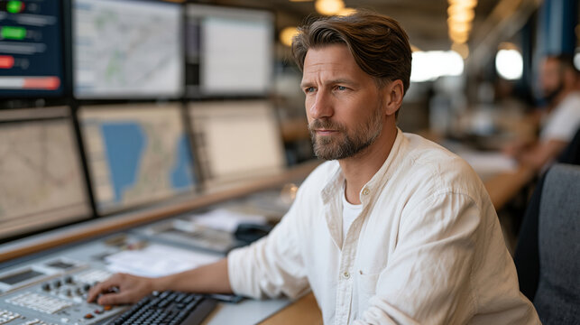 Utility grid operator at large control room console surrounded by real time electricity demand maps and fault indicator dashboards, aging infrastructure modernization challenge,