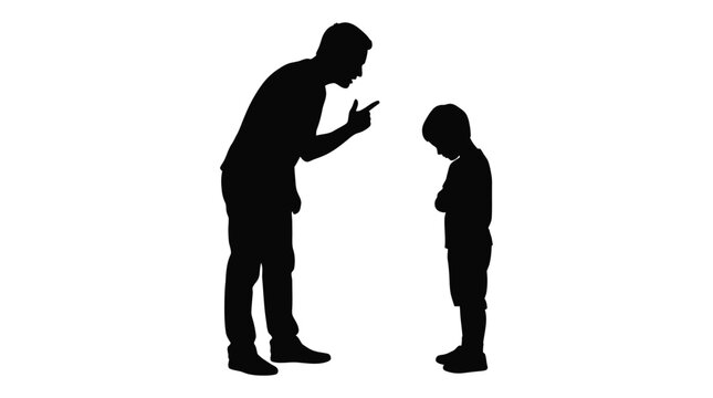 Father And Son Silhouette Against White Background Conflict Scene