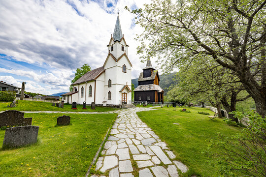 Traditional wooden Norwegian church and stave church (Torpo Kirke)