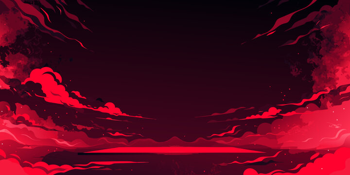 Abstract red clouds in a dark void during twilight with ethereal reflections