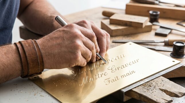 Engraver using a sharp burin tool to hand carve elegant lettering into a flat brass plate