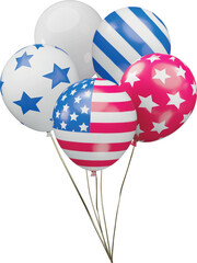 3D bunches of five festive balloons on strings with patterns featuring stars, stripes, the US flag. © sabelskaya