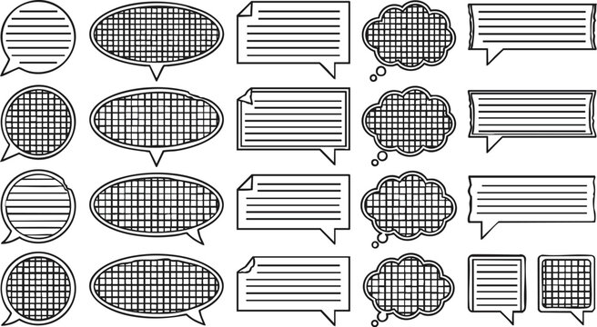 Vector speech bubbles and thought clouds for graphic design and illustration purposes with various shapes and lines for text and communication