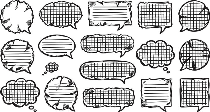 Speech bubbles vector illustration set with various shapes and grid lines for text, including thought clouds and dialogue boxes in different styles.
